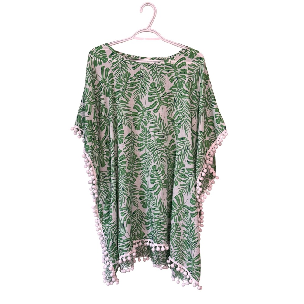Viv & Lou Green Tropical Palm Leaf Pom Pom Trim Swimsuit Cover Up Kaftan OS Boho